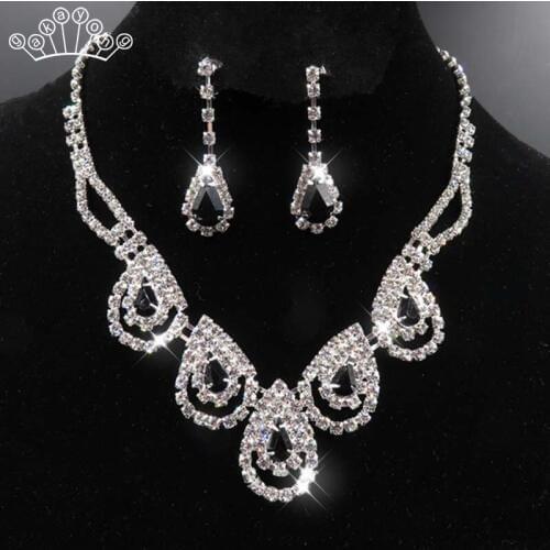 Silver Color Water Drop Shape Crystal Bridal Jewelry Sets Colorful Rhinestone Necklace Earrings Wedding Jewelry Sets