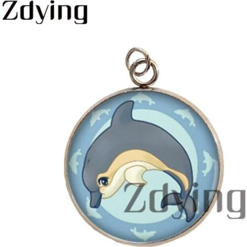 Zdying 2pcs/lot Dolphin Pattern Glass Cabochon Dome Charms Stainless Steel Animal Necklace Pendants Jewelry Accessories HT021