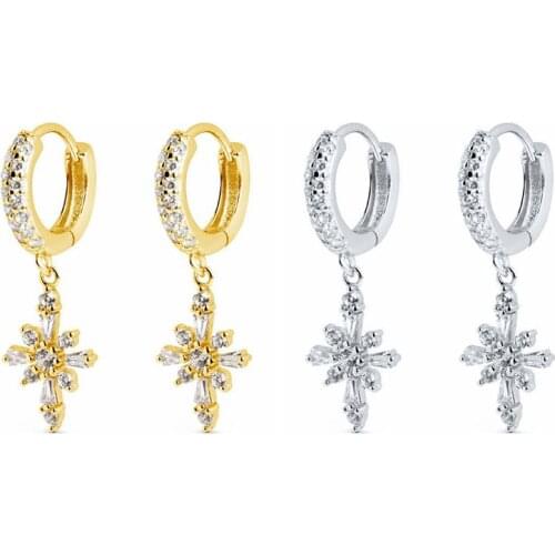 925 Sterling Silver Ear Buckle Luxury Crystal Hoop Earrings For Women Gold Color Small Cute Flower Pendant Earrings Jewelry