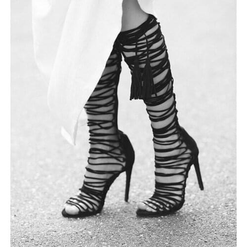 Sexy Black Rome Style Women Knee High Boot Peep Toe Cross Strap Flat Sandal Shoes 2019 Super High Heels Gladiator Sandal Women