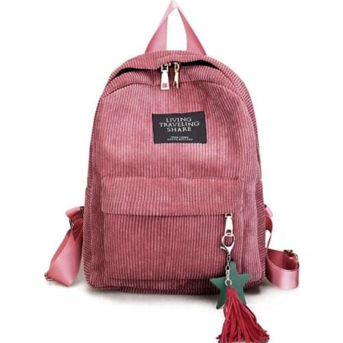 Women Backpack Corduroy School Bookbag Tassel Daypack Fashion Large Capacity for Teenager Girls