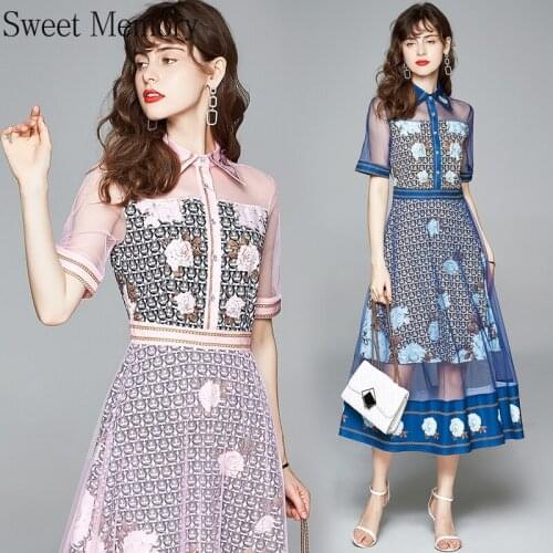 Sweet Memory Summer Office Lady Runway Long Dresses 2021 Women Turn Down Collar Short Sleeve Mesh Patchwork Floral Print Dress