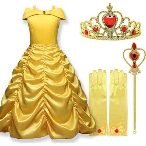 2020 Cosplay Belle Princess Girls Dresses for Beauty and The Beast Kids Party Clothing Magic Wand Crown Children Costume