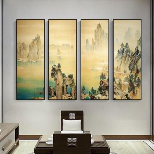 4pcs Abstract Mountain Landscape Inspiring Canvas Painting Chinese Wall Art Pictures Posters Print for Room Home Office Decor