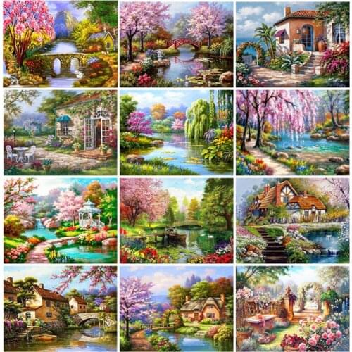 Diy 5D Embroidery Diamond Painting Countryside House Forest Lake Landscape Cross Stitch Garden Rhinestone Painting Wall Decor