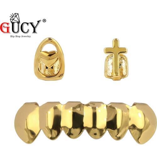 GUCY Gold Color Plated Hip Hop Tooth Grillz Caps Single Heart Cross Top & Classic Bottom Teeth Grills Set Halloween Party