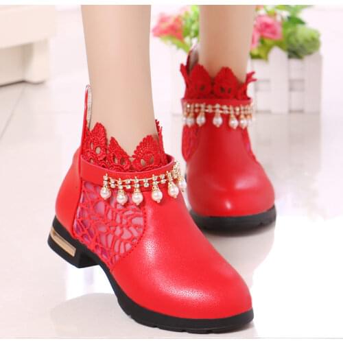 JGSHOWKITO 2021 Autumn Winter Kids Boots For Medium Big Girls Princess Children Boots Lace Air Mesh With Beading Pendant Sweet
