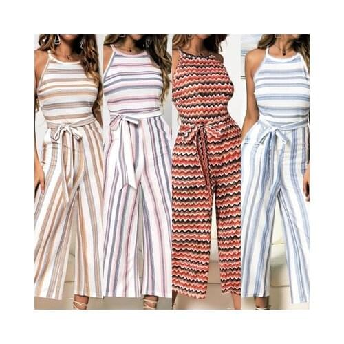 Summer Beach Bohemian Casual Belt Jumpsuits Ladies Rompers Fashion Sashes Stripe Printed Jumpsuit Sleeveless Wide Leg Jumpsuit