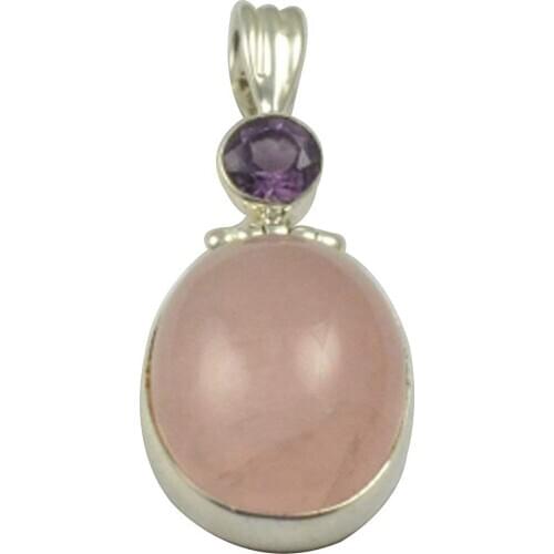 Lovegem Nature Rose Quartz Amethyst Pendant 925 Sterling Silver, 42.7 mm, MHBAP5018