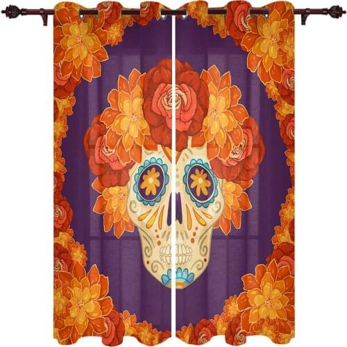 Mexican Skull Flower Window Curtains Kitchen Bedroom Drapes Home Decor Luxury Living Room Backdrop Curtain