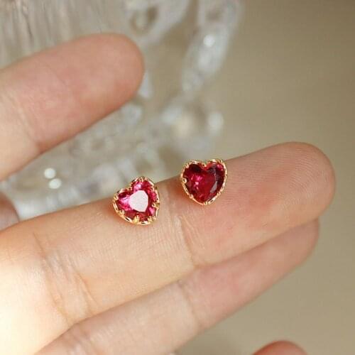 Minimalist 925 Sterling Silver Earrings Heart Crystal Vintaage Red Crystal Stud Earrings Cartilage Ear Jewelry for Women Girls