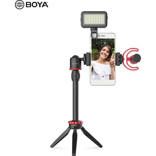 BOYA Phone Video Vlog Kit with Microphone LED Light Ball Head Tripod Cold Shoe Clamp Phone Clamp Shock Mount Fur Windshield