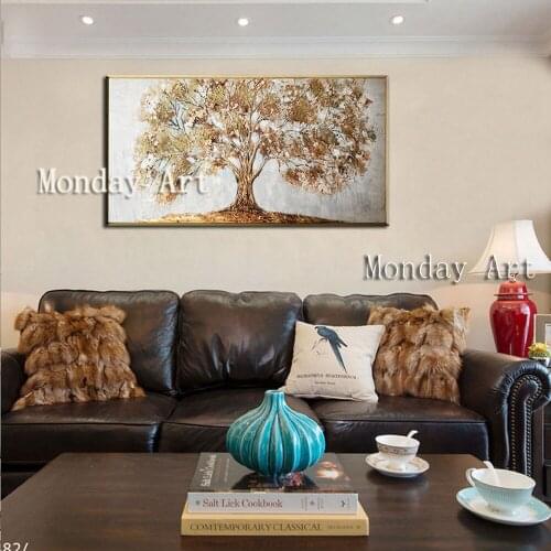 Newest handmade golden Flower Tree Thick Palette Knife Painting Home Decor Hand Painted Oil Painting Wall Decor Hanging pictures