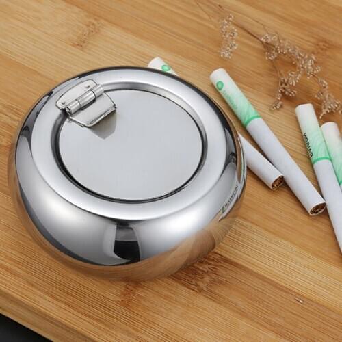 Home use Cigarette Lidded Ashtray living room Stainless Steel Silver Windproof Ashtray with Lid Round Shape Smoking Ash Tray