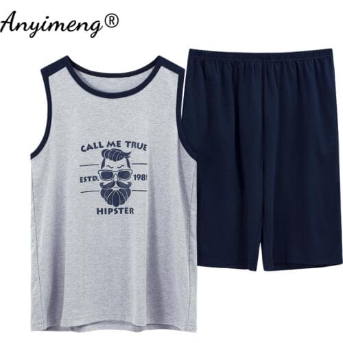 Mens Pajamas 100% Cotton High Quality Homewear Summer Shorts 2pcs Lounge Wear Sleeveless Plus Size 3xl 4xl Sleepwear Casual Pjs