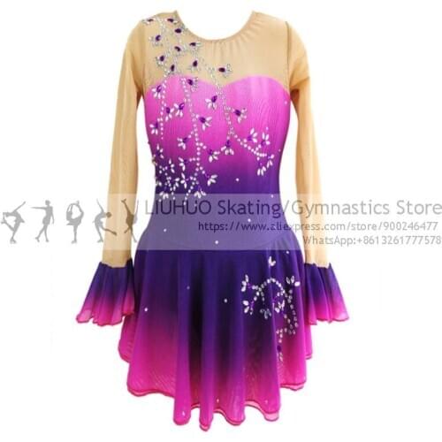 Ice Figure Skating Dress Girls Purple Lace Children Long Sleeves Performance Wear Competition Rhythmic Dance Leotards Wholesale