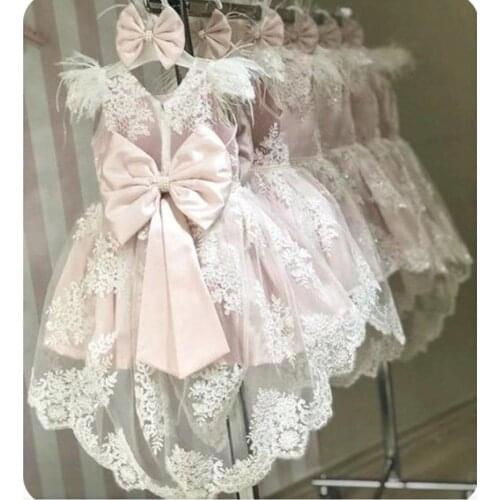 Puffy Tulle Applique Infant Girl Party Dresses Kids Layers Flower Girl Dresses Bow Knot Princess Dress New Year Birthday