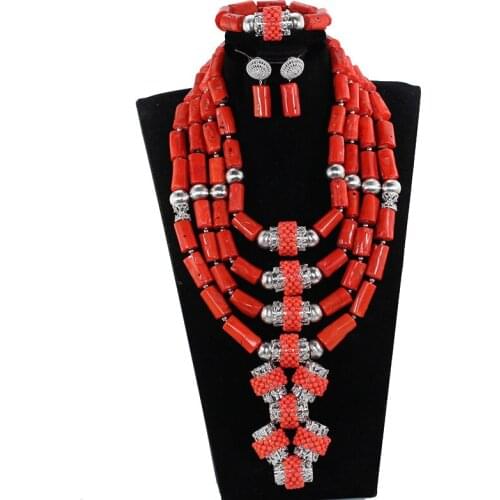 Luxury 4 Layers Nigerian Real Coral Beads Jewelry Sets Coral and Silver Bridal Statement Necklace Set CNR271