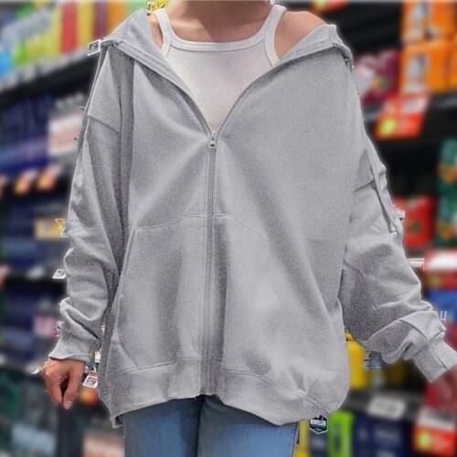 Women Oversized Hooded Sweatshirt Solid Color Long Sleeve Zip-up Coat 2021 Korean Style Vintage Hoodies Loose Womens Jacket