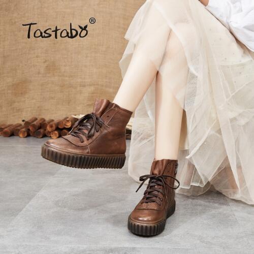 Tastabo Genuine Leather Womens nude boots Retro style platform Comfortable Womens boots S66308 Khaki gray Joker Martin Boots