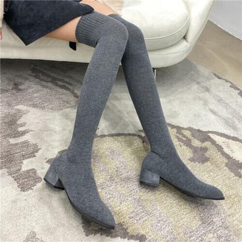 Women Stretch Sock Botas Long Tight Boots 4cm Low Heels Over The Knee High Boots Stripper Winter Warm Sexy Fetish Slim Fit Shoes