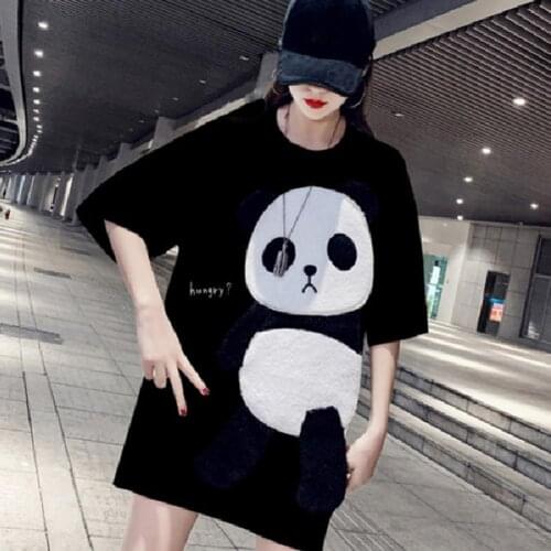 Womens T-shirts Panda Embroidery tshirt Short Sleeve Round tops Neck Loose t shirt women женские футболки футболка женская