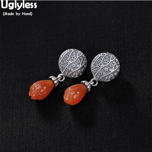 Uglyless Real Solid 925 Silver Flower Earrings for Women handmade Thai Silver Dangle Earrings Natural Agate Orchid Fine Jewelry