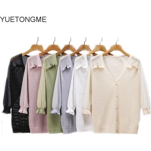 2021 summer Knitted Cardigan Women Korean Short Sweater Long sleeve V neck Green Blue