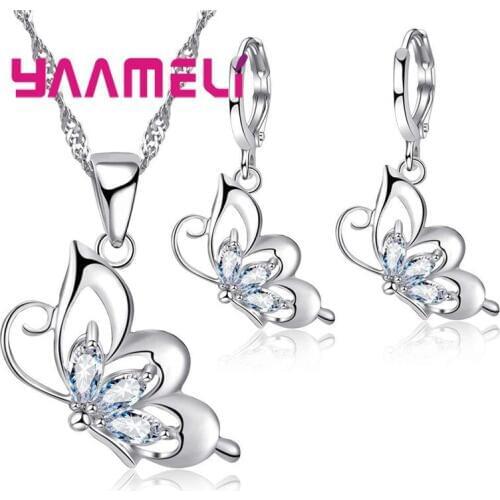 Womens White Crystal Stone Animal Jewelry Sets 925 Sterling Silver Butterfly Necklace Earrings Jewelry Parure Bijoux