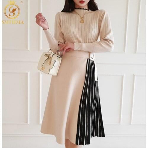 SMTHMA New Women Winter Korean Style Temperament Knit Sweater Dresses Female Long Sleeve Big Swing Patchwork Midi Vestidos