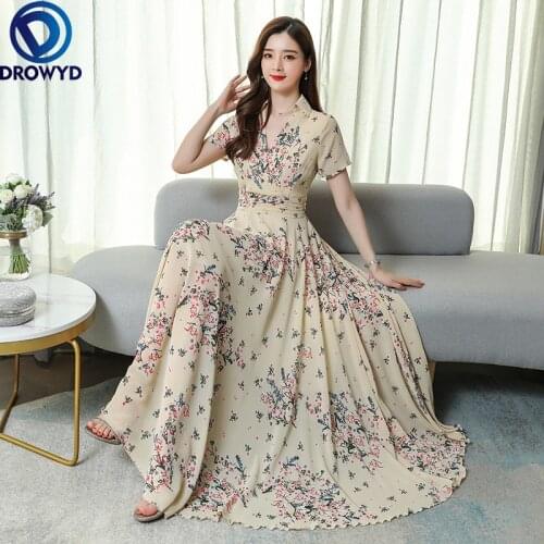 2021 Summer Beach Style Maxi Dress Fashion Fresh Romantic Floral Long Skirt V-neck Short-sleeved Chiffon Elegant Big Swing Dress