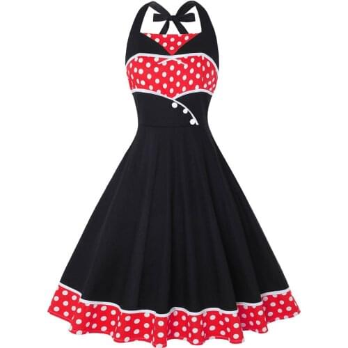 Women Vintage Dress Summer Halter Sexy Patchwork Polka Dot Black Red Yellow Blue Green Plus Size Retro Dress VD0998