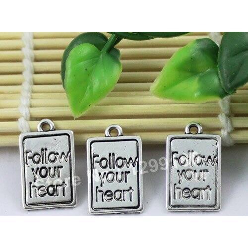 100pcs/lot Antique Silver Message Pendant Charms Beads With word "Follow your heart" 14x22mm (K00883)