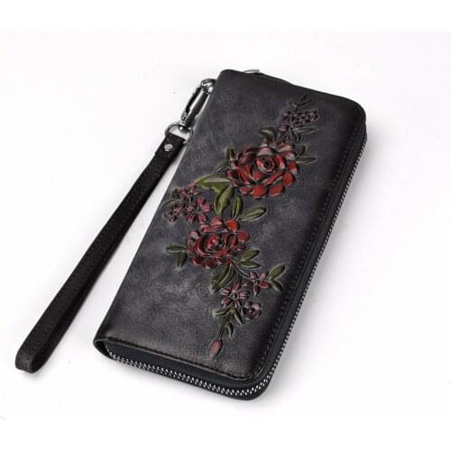 2019 Hot genuine leather casual style beautiful flower pattern women wallet high quality purse zipper wallets clutch bag