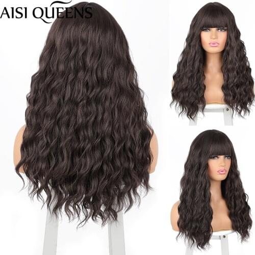 AISI QUEENS Long Wavy Black Women Wigs Synthetic Wigs with Bangs Red Blue Daily Use Hairs for Party Cosplay