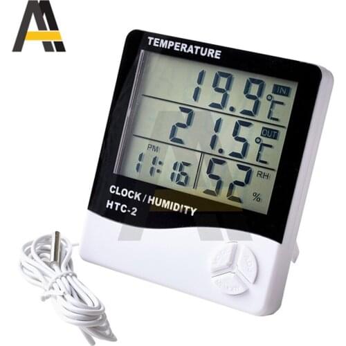 LCD Electronic Digital Temperature Humidity Meter HTC-2 Thermometer Hygrometer Indoor Outdoor Weather Station Clock With Probe