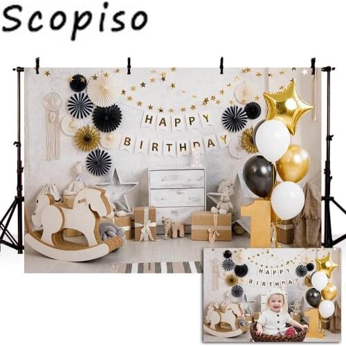Scopiso 1st Birthday Backdrops Balloon Paper Flowers Wood Floor Baby Shower Portrait for Photo Studio Photography Backgrounds