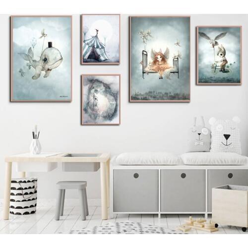 Nordic Spray Color Rabbit Girl Canvas Painting Cartoon Bicycle Boy Circus Lion Whale Wall Picture Animal Swan Poster Room Decor