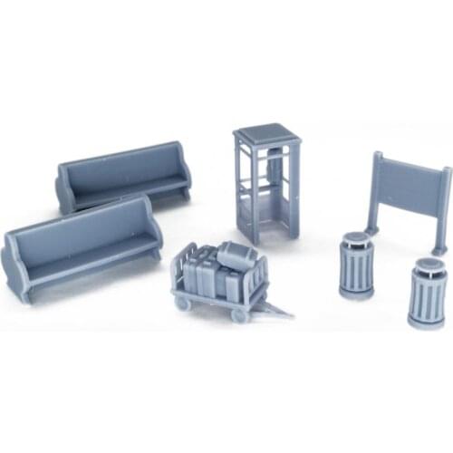 Outland Models Train Station Accessory Set: Phone Booth, Bench, Trash Bin... 1:87 HO Scale Railway Scenery