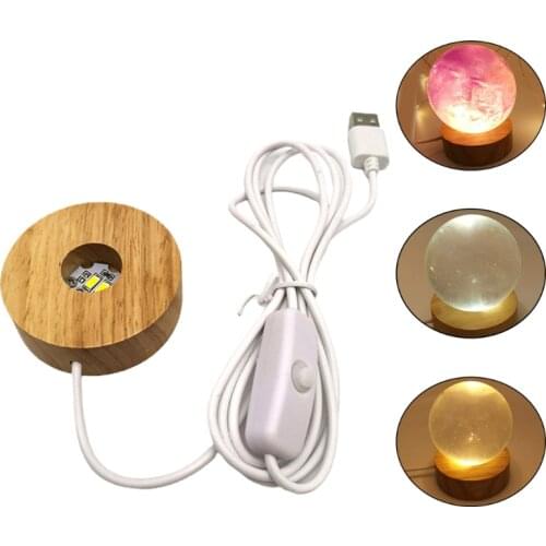 X7AB Round Wooden 3D Night Light Base Holder LED Display Stand for Crystals Glass