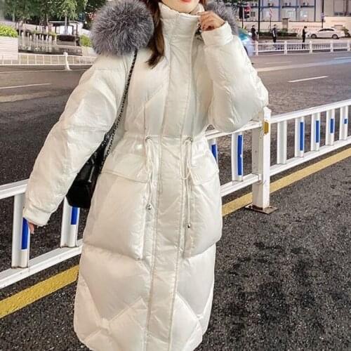 Winter Jacket Women Cotton Padded Coat Korean Loose Thickened Long Bright Fabric Big Artifical Fur Hooded Hat Waist Slim Parker