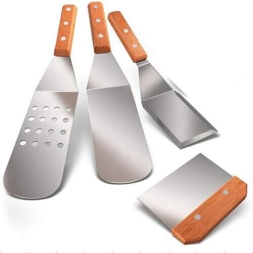 Metal Spatula Set of 4, Stainless Steel Griddle Spatula Scraper Tools Set with Wooden Handle, Griddle Accessories Kit for Teppan