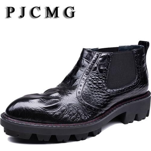 PJCMG Spring/Autumn Red/Black Crocodile Pattern Mens Genuine Leather Waterproof Men Shoes Elastic band Brogue Dress Boots