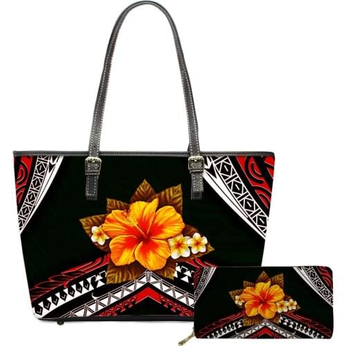 Noisydesigns Polyneisa Plumeria Print Woman Handbag With Purse 2Pcs Leather PU Tote Bag Casual Travel Lady Shoulder Bags