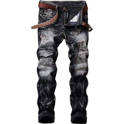 New merican mens male original ripped embroidered pants patch straight jeans Korean style trend slim beggar trousers
