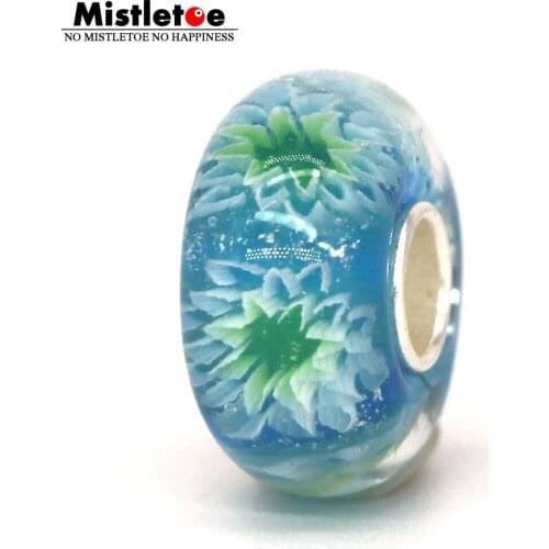 Mistletoe 925 Sterling Silver Light Bllue With 3D Dasies Flower Murano Glass Charm Bead European Jewelry