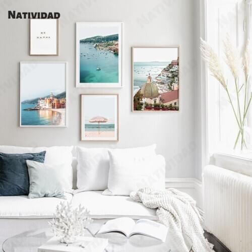 Italian coast canvas painting beach seascape painting travel poster Nordic printing modern wall art decoration studio decoration