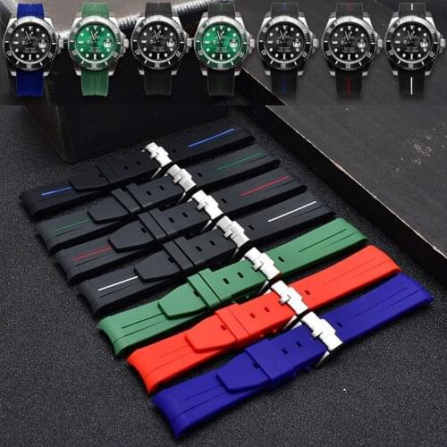 Curved 20mm 21mm Watch Strap For Rolex Black Water Ghost Rubber Watchband Submariner GMT Strap Male Bracelets Relogio Masculino