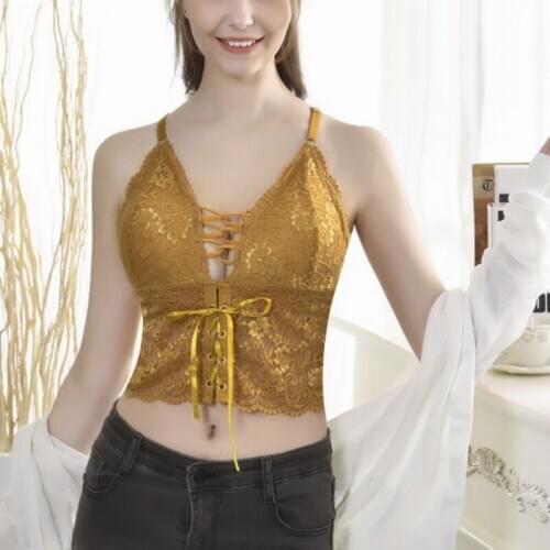 Sexy Backless Camisoles For Women French Style Lace Hollow Out Floral Lingerie Deep V Wireless Underwear With Chest Pad