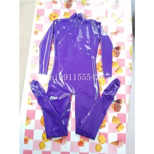 Sexy Women Purple Neck Entry Full Body Latex Rubber Gummi Catsuit Stretching Custom Made